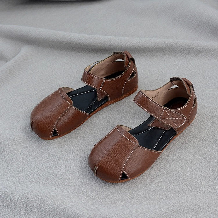 Women's Soft Leather Closed-Toe Velcro Sandals – Comfortable Flat Style