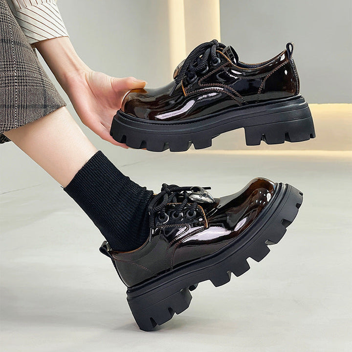 Women's Leather Oxford Shoes - Platform Chunky High Heel Derby  Shoes Lace-up Round Toe Spring Fall Brogues