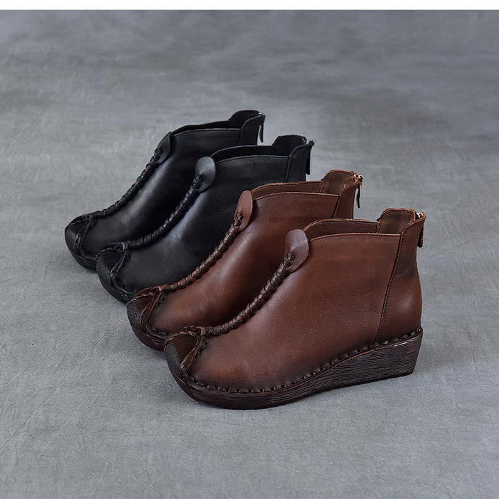 Women's Leather Ankle Boots - Vintage Wedge Low Heel Booties, Zipper Round Toe Stitching Fall Winter Shoes