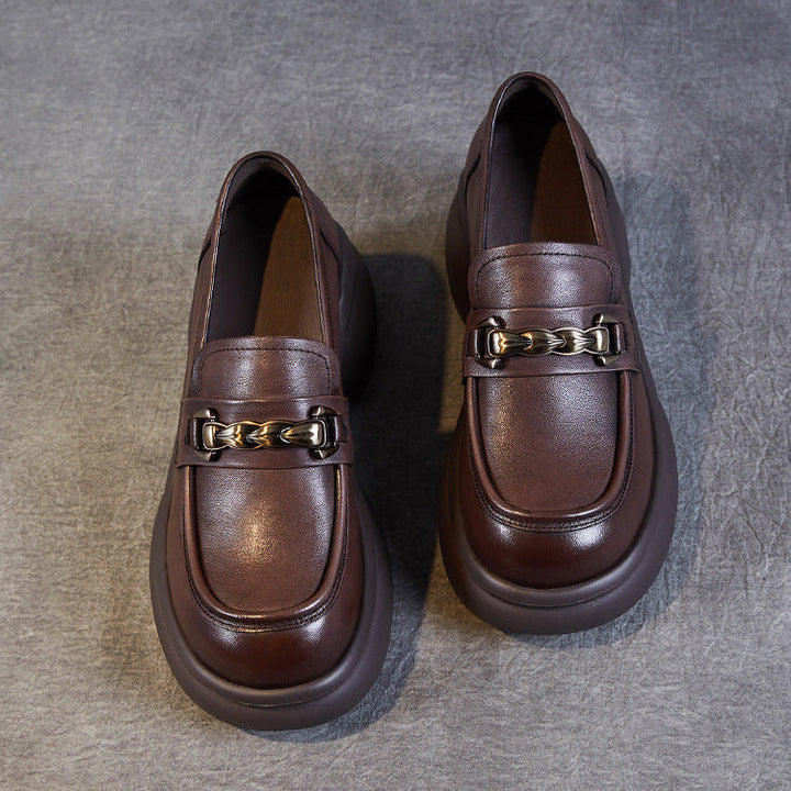 Women’s Leather Platform Block Heel Loafers – British Vintage Chain Detail