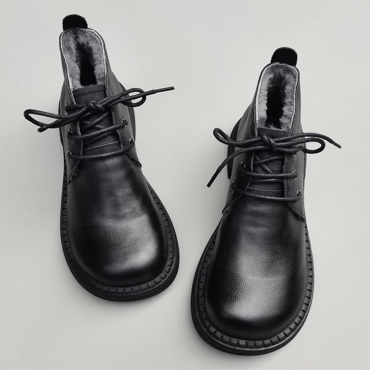 Wide Toe Leather Ankle Boots for Women – Lace-up Handmade Shearling Winter Shoes