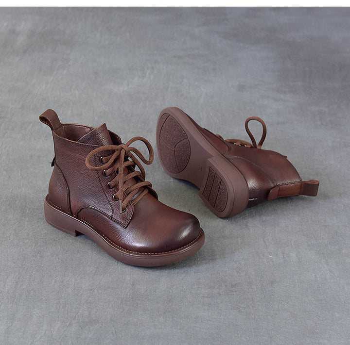 Women's Vintage Leather Ankle Boots Zipper Lace Up Flat Combat Booties
