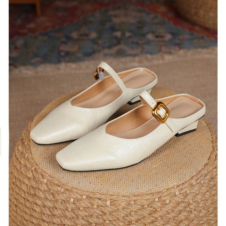Women's Mary Jane Mules - Square Toe Gold Buckle Low Kitten Heel Slides