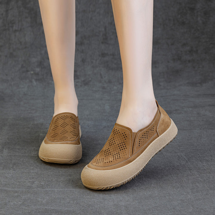 Womens Summer Perforated Leather Slip-on Loafers Breathable Platform Casual Walking Shoes