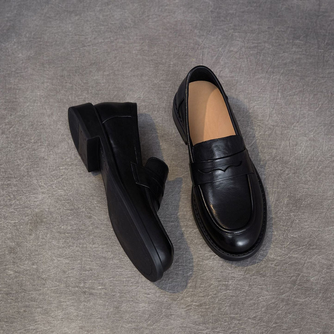Women's Genuine Leather Penny Loafers Vintage Slip-on Round Toe Low Heel Shoes