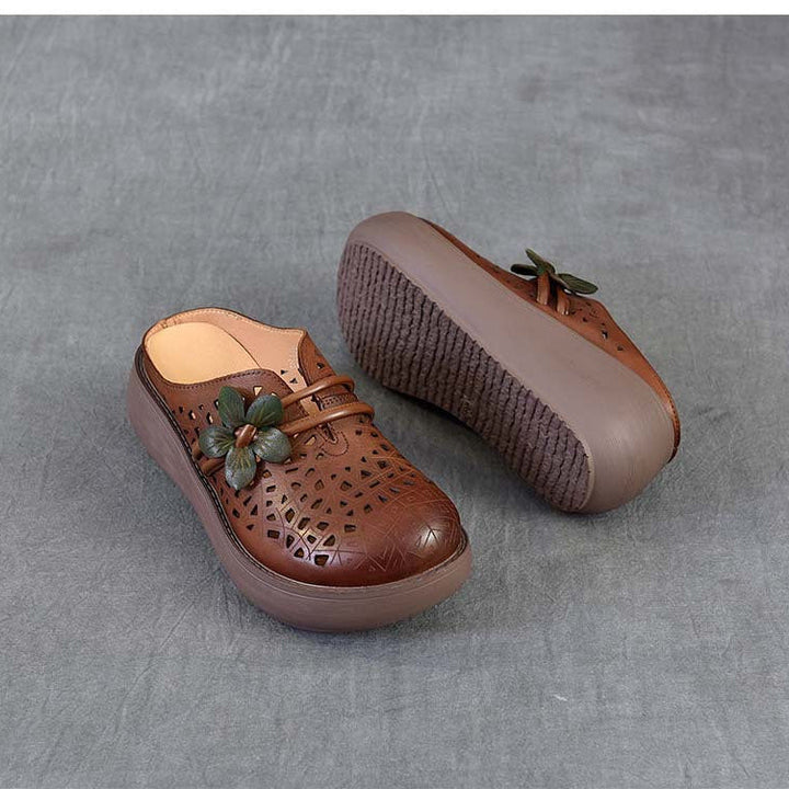 Women's Cowhide Platform Mules - Summer Shoes Breathable Floral Cut-out Sandals