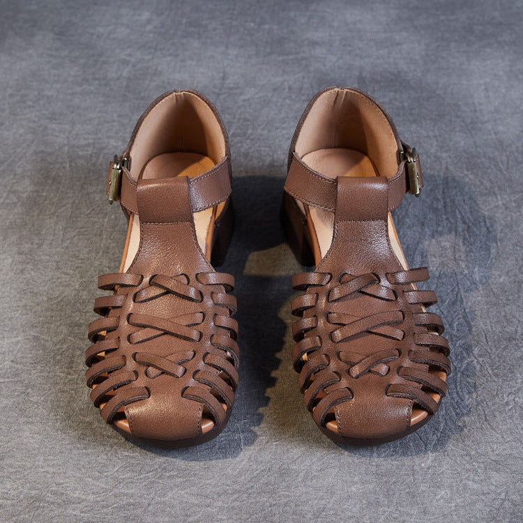 Women's Leather Fisherman Sandals - Vintage Interlocking Woven Closed Mid Block Heel Shoes with Buckle