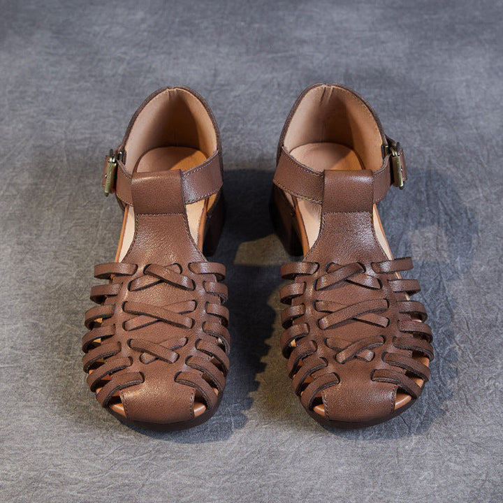Women's Leather Fisherman Sandals - Vintage Interlocking Woven Closed Mid Block Heel Shoes with Buckle