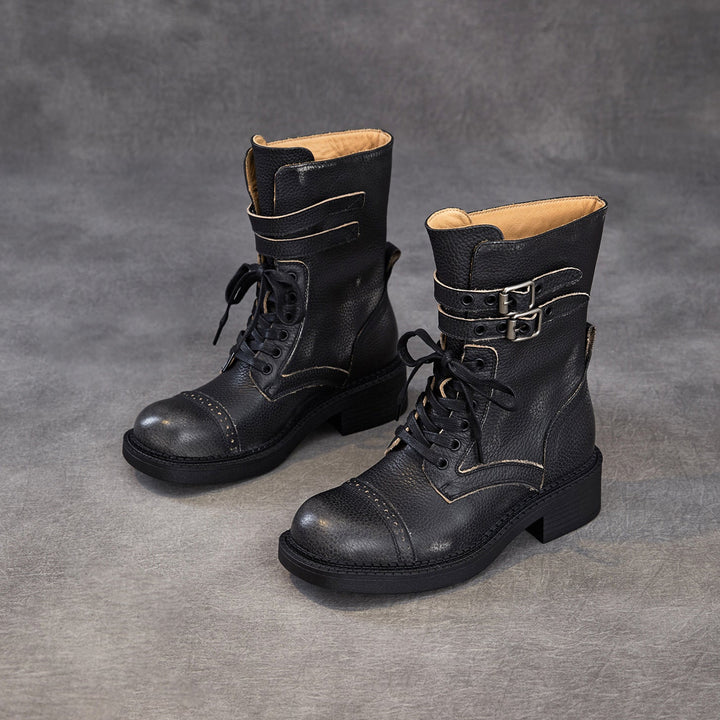 Women‘s Retro Cowhide Mid-Calf Boots Vintage Round Toe Buckle Lace-up Combat Boots