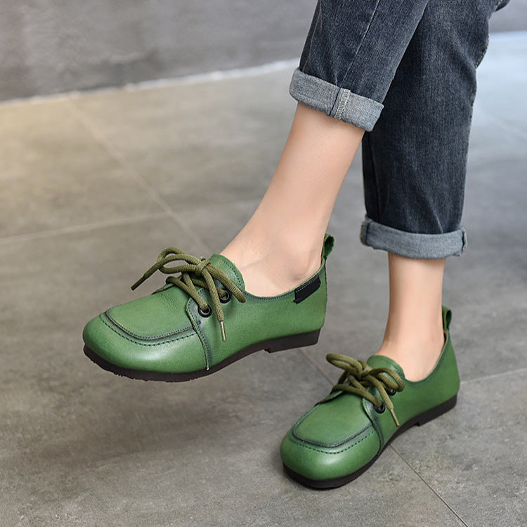 Women's Soft Leather Casual Flats – Comfortable Lace-Up Shoes