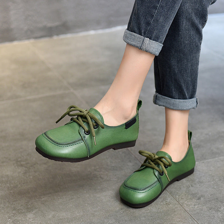 Women's Soft Leather Casual Flats – Comfortable Lace-Up Shoes