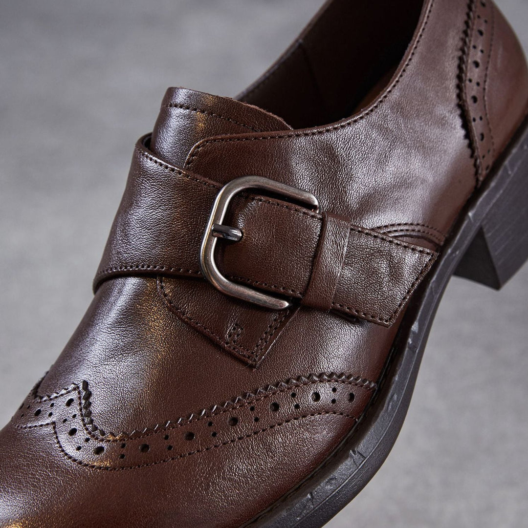 Women's Retro Leather Monk Strap Shoes Vintage Round Toe Brogue Chunky Heels