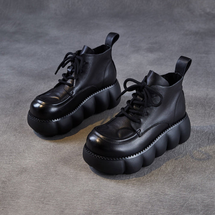 Women’s Retro Round Toe Leather Lace-Up Ankle Boots – Chunky Platform