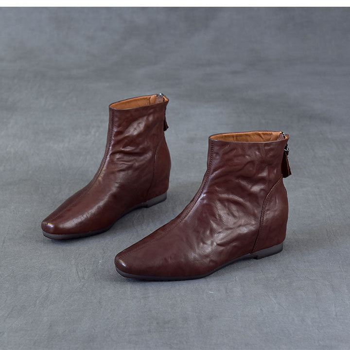Women's Pointed Toe Top-Grain Leather Wedge Ankle Boots Mid Heel Back Zipper Booties
