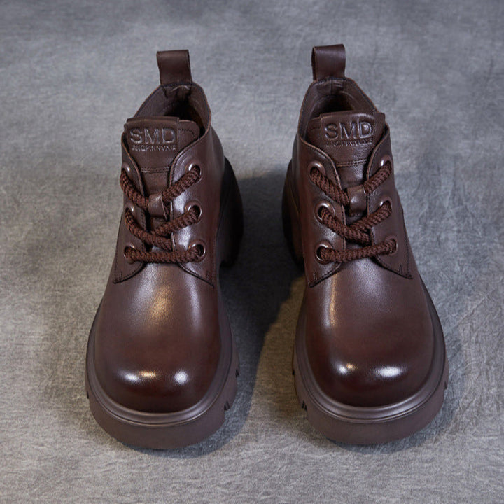 Women's Retro Genuine Leather Platform Lace-Up Chunky Boots