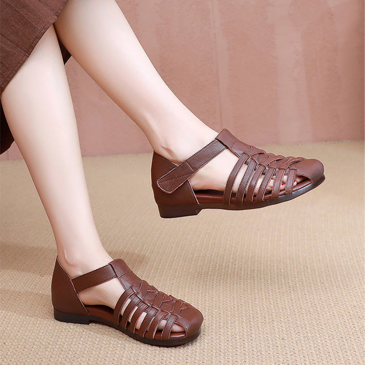 Women's Leather Fisherman Sandals Velcro Woven Summer Hollow-Out Casual Walking Flats