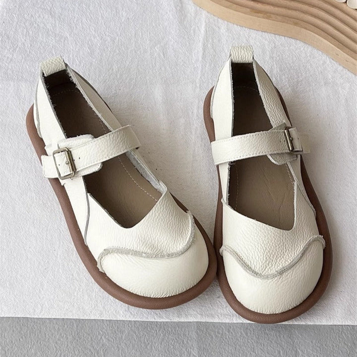 Women's Soft Leather Flat Mary Jane Shoes – Round Toe with Patchwork Design