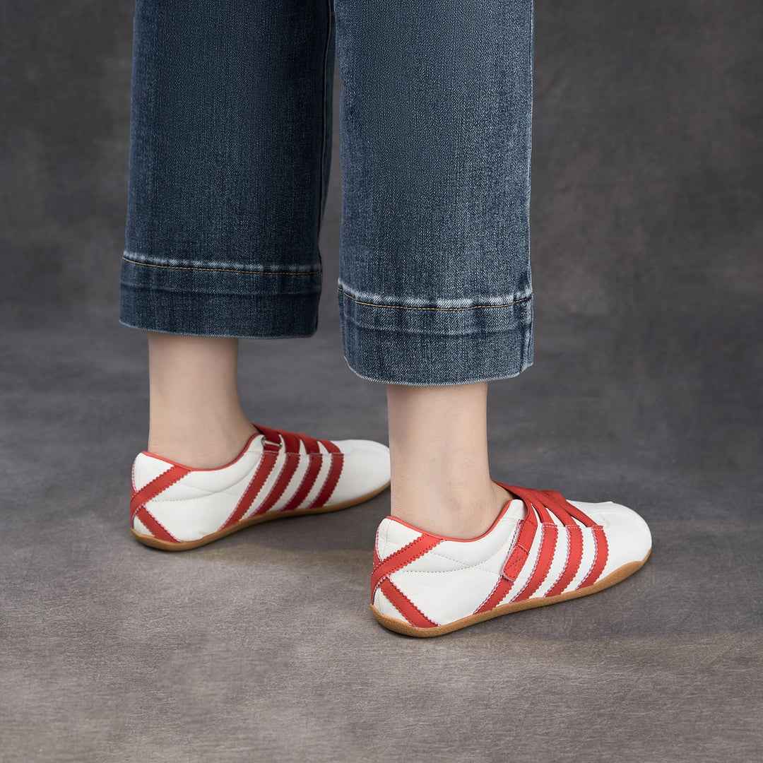 Women's Retro Cowhide Sneakers Vintage Round Toe Strappy Velcro Driving Flats