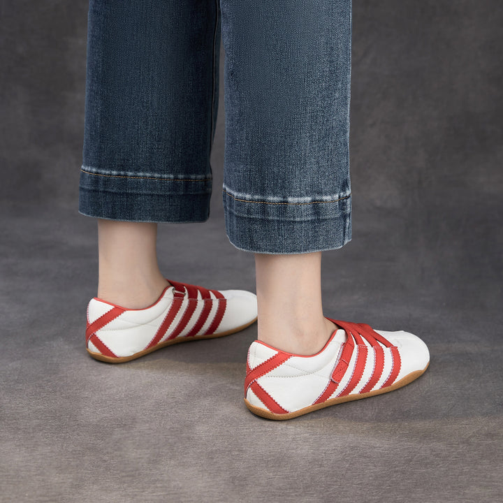 Women's Retro Cowhide Sneakers Vintage Round Toe Strappy Velcro Driving Flats