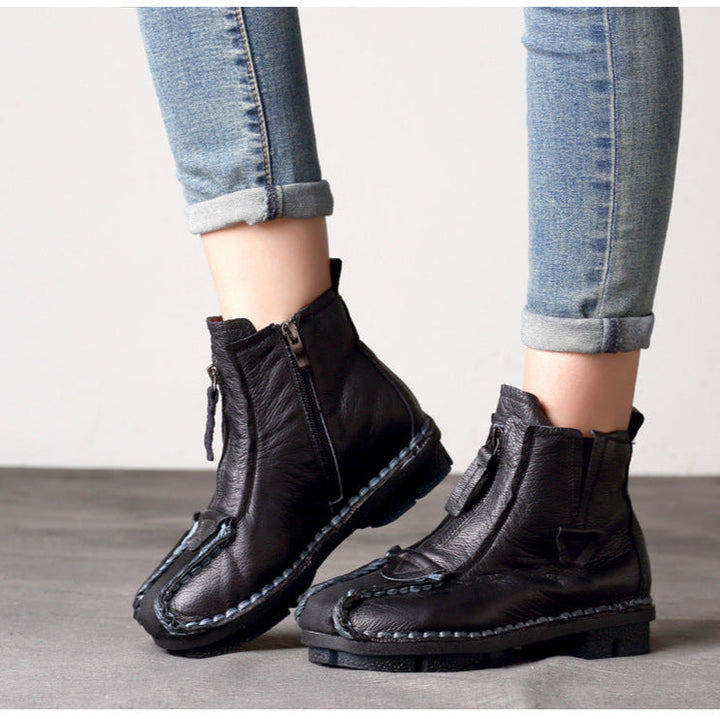 Women's Retro Leather Short Boots – Handmade Stitch Detail & Side Zipper
