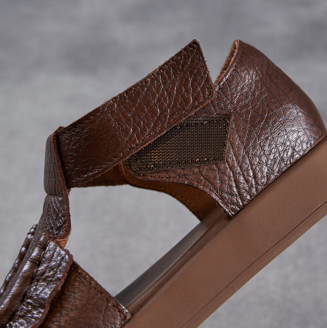 Women's Square Toe Platform Sandals Open Toe Retro Velcro Leather Ruffled Casual Summer Flats