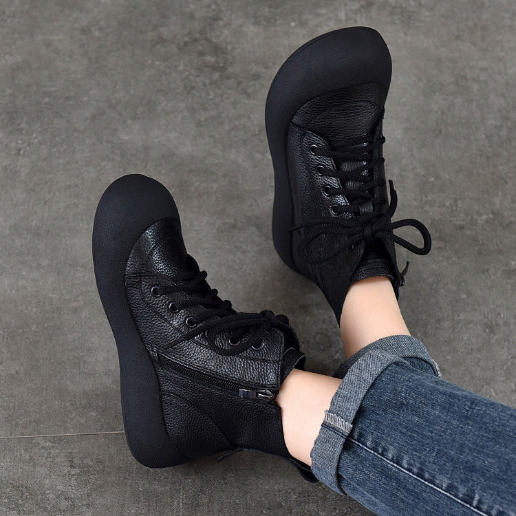 Women's Leather Daily Walking Boots – Lace-Up and Side Zipper