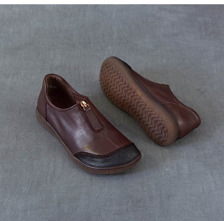 Women's Vintage Leather Slip-On Flats Front Zipper Soft Sole Driving Shoes