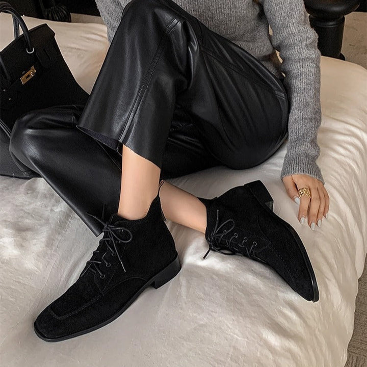 Women's Suede Square Toe Ankle Boots – Lace-Up Low Heel Stylish Style
