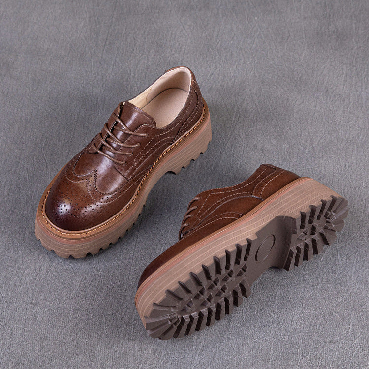 Women's British Style Brogue Oxfords - Genuine Leather with Chunky Sole