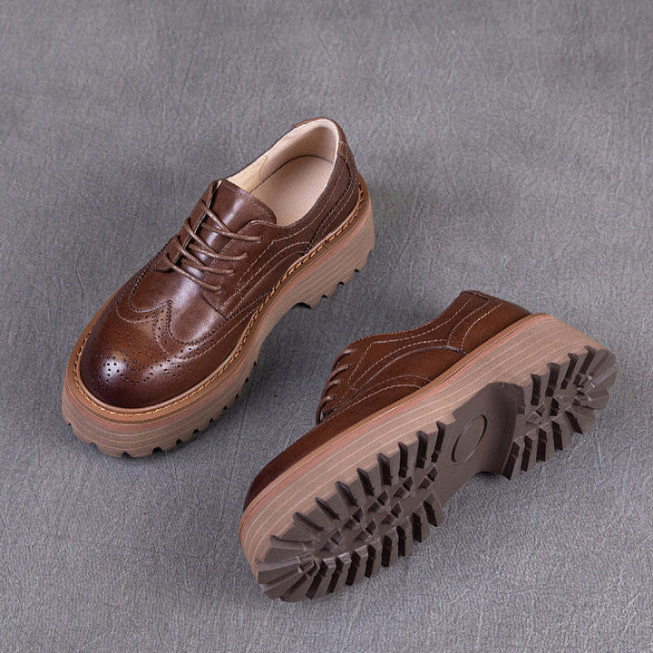 Women's British Style Brogue Oxfords - Genuine Leather with Chunky Sole