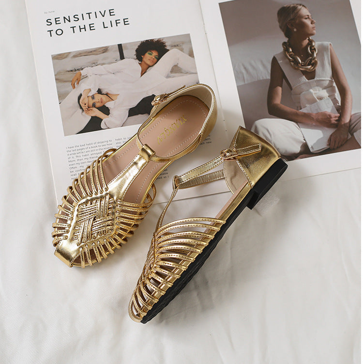 Women's Retro Gladiator Sandals T-Strap Woven Mary Jane Summer Lightweight Flats
