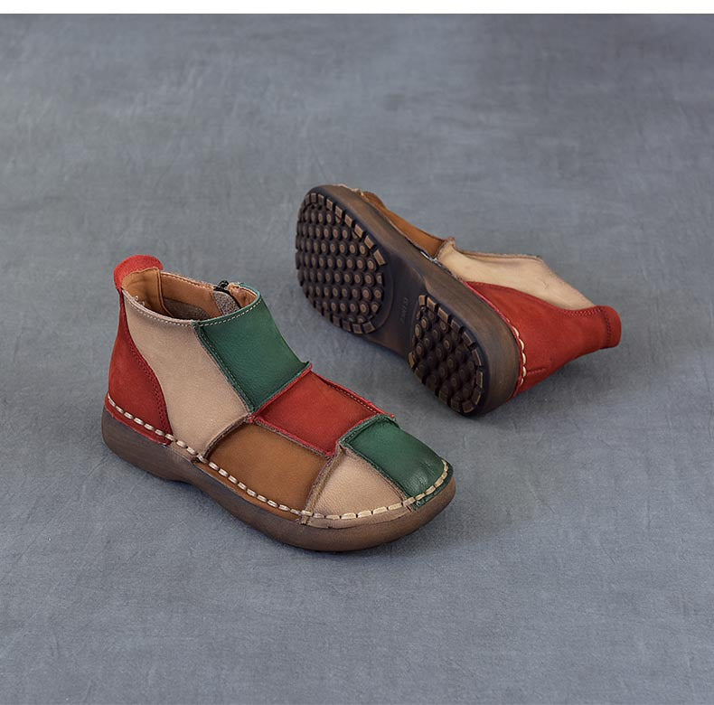 Women's Vintage Patchwork Leather Ankle Boots Hand-Stitched Flat Booties Zipper