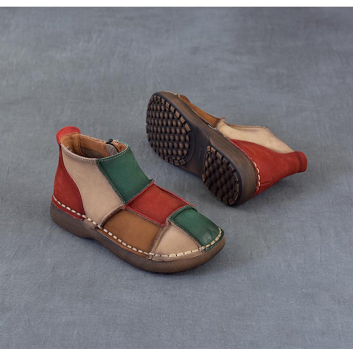 Women's Vintage Patchwork Leather Ankle Boots Hand-Stitched Flat Booties Zipper