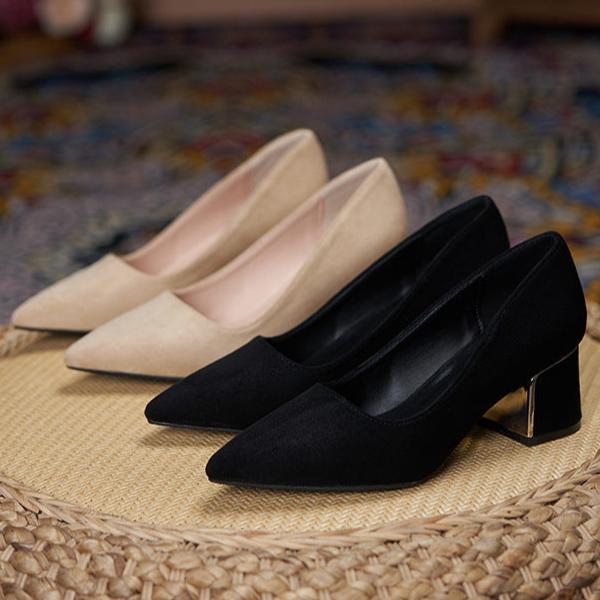 Women Suede Pump Block Heel Pointed Toe Mid Heels