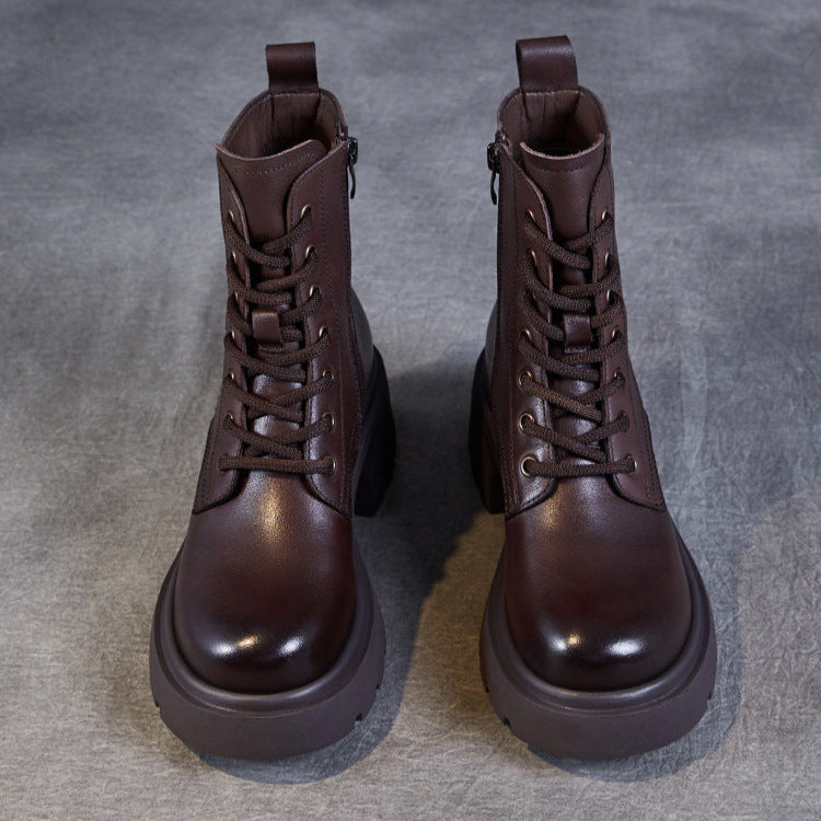 Women's Casual Genuine Leather Platform Boots – Chunky Heel & Side Zip