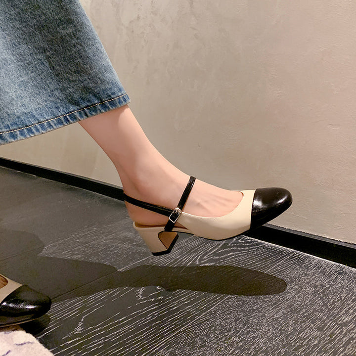 Women's Elegant French Patchwork Slip On Closed Toe Mid Heel Sandals