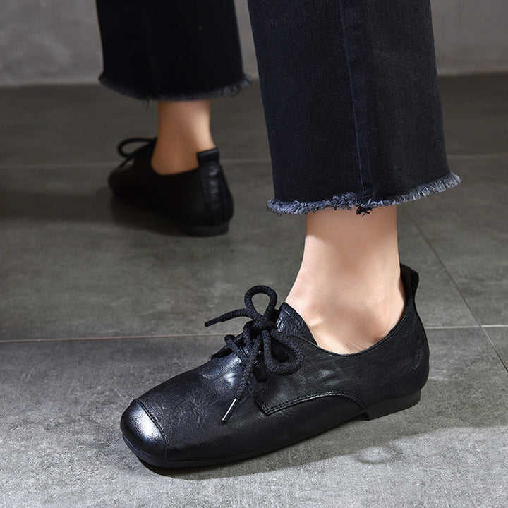 Genuine Leather Square Toe Retro Lace Up Flats Women's Shoes