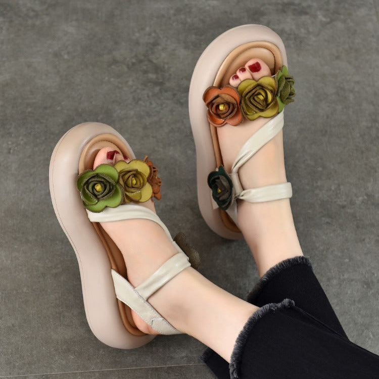 Women’s Floral Leather Summer Sandals – Lightweight Boho Style Platform Shoes