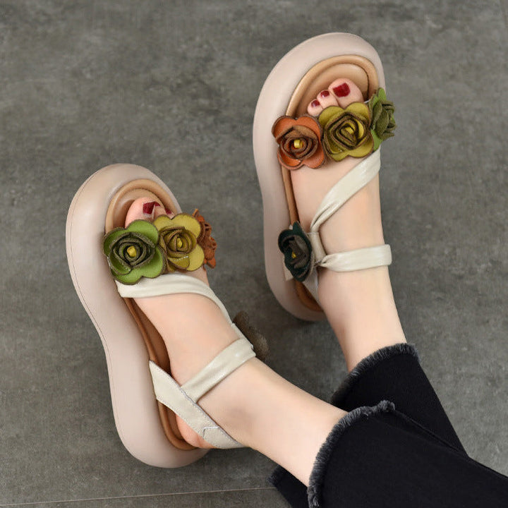 Women’s Floral Leather Summer Sandals – Lightweight Boho Style Platform Shoes