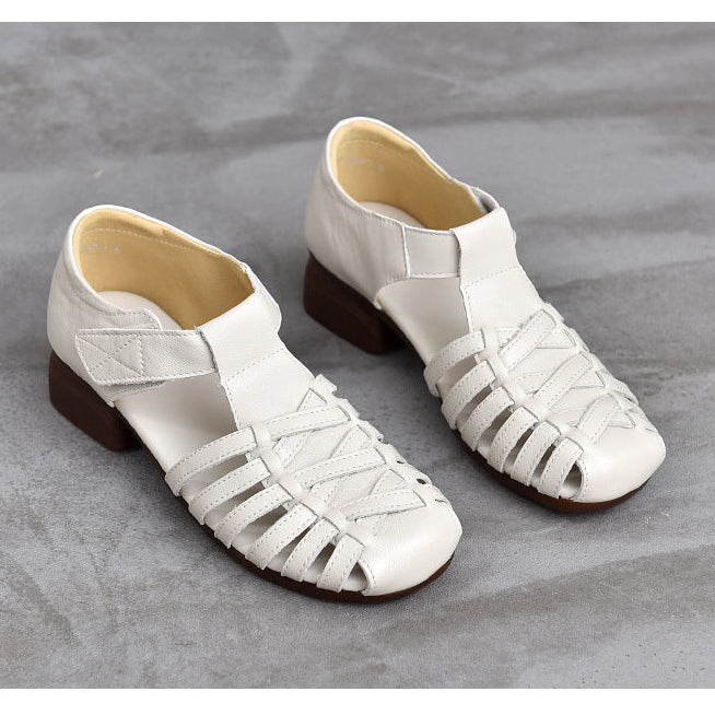 Women's Leather Fisherman Sandals - Closed Toe Woven Strappy Gladiator Sandals Low Block Heel