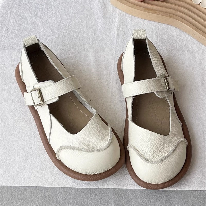 Women's Soft Leather Casual Flat Mary Jane Shoes with Buckle