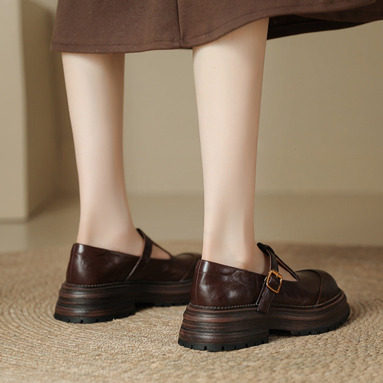 T-Buckle Platform Leather Comfortable Low Heel Women's Shoes