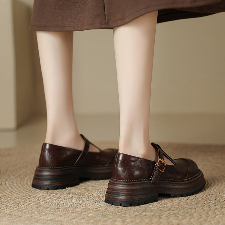 T-Buckle Platform Leather Comfortable Low Heel Women's Shoes