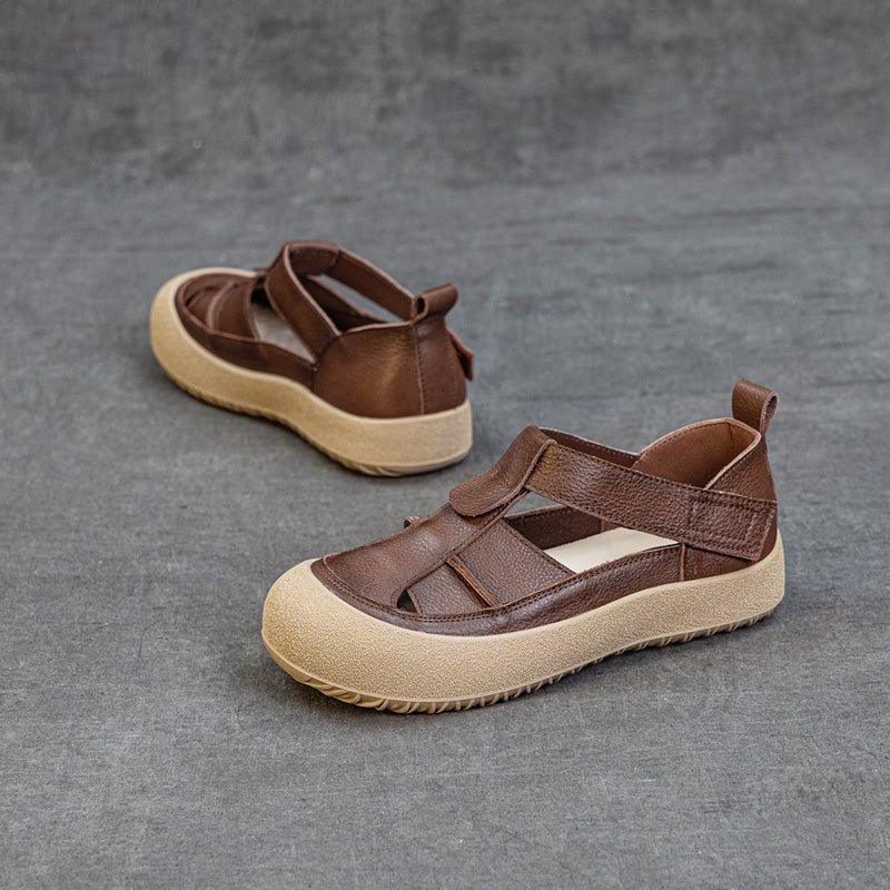 Womens Retro Woven Leather Fisherman Sandals Velcro Closed Toe Platform Walking Shoes