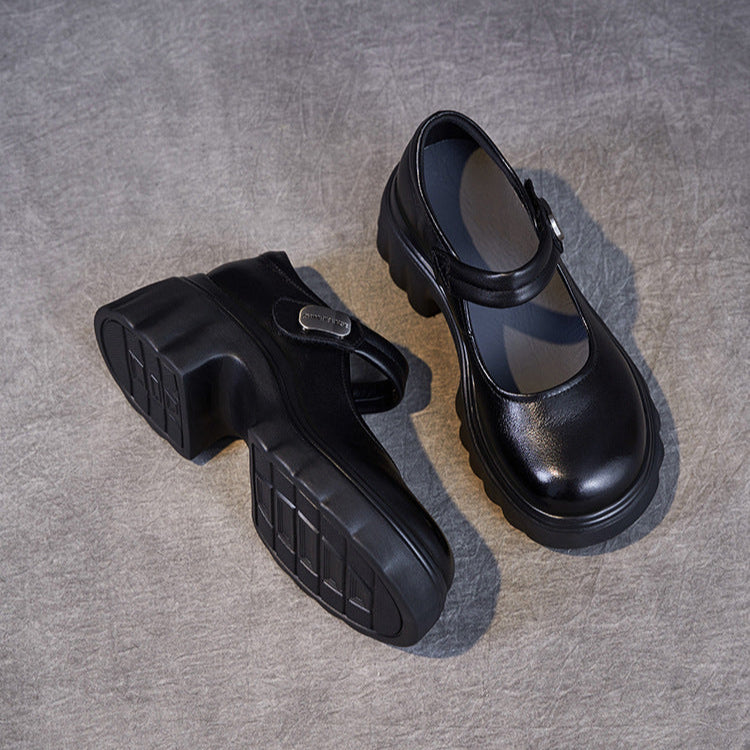 Luxury Leather Mary Janes for Women - Platform Heel with Velcro