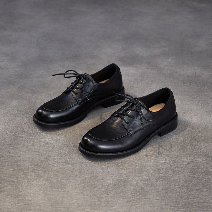 Women's Genuine Leather Oxford Shoes Retro Lace-up Round Toe Low Heel Derby Flats
