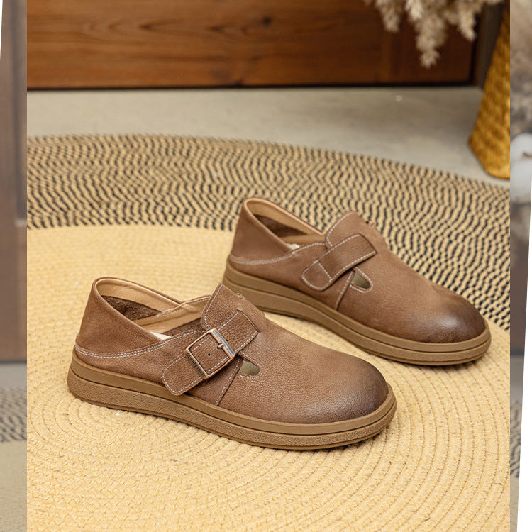 Vintage Leather Loafers - Women’s Round Toe Casual Flats with Adjustable Velcro Strap