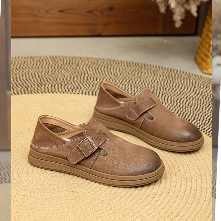 Vintage Leather Loafers - Women’s Round Toe Casual Flats with Adjustable Velcro Strap