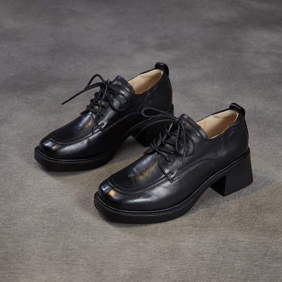Women's Top-Grain Leather Oxford Shoes Chunky High Heel Lace Up Platform Pumps
