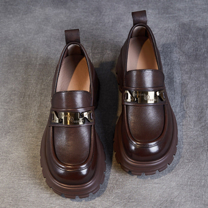 Women's Genuine Leather Platform Loafers - Chunky Heel with Metallic Hardware Details